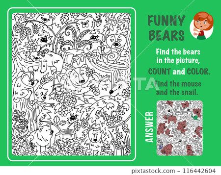 Find bears in picture, count and color. Games for kids. Puzzle with hidden objects. Black and white outline for coloring. Funny cartoon characters. Vector illustration. Find bears in picture, count and color. Games for kids. Puzzle with hidden objects. Black and white outline for coloring. Funny cartoon characters. Vector illustration. 116442604