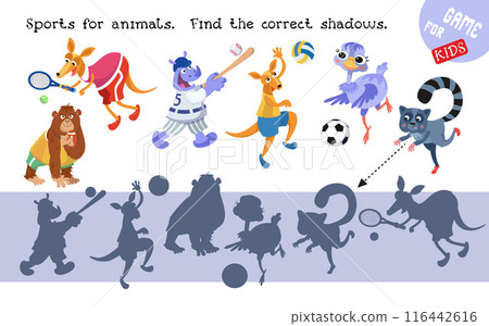 Find correct shadow. Educational puzzle game for children. Set cute animals playing sports. Vector cartoon isolated illustrations on white background. Funny animals in sports costumes. Find correct shadow. Educational puzzle game for children. Set cute animals playing sports. Vector cartoon isolated illustrations on white background. Funny animals in sports costumes. 116442616