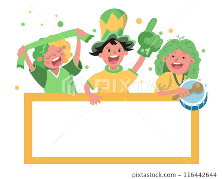 Banner with fans, text frame. Sports competitions and Olympics. Funny cartoon characters for advertising. Vector illustration. Banner with fans, text frame. Sports competitions and Olympics. Funny cartoon characters for advertising. Vector illustration. 116442644