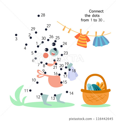 Dot to dot. Connect the dots from 1 to 30. Puzzle game for kids. Cute hare. Vector illustration. Dot to dot. Connect the dots from 1 to 30. Puzzle game for kids. Cute hare. Vector illustration. 116442645