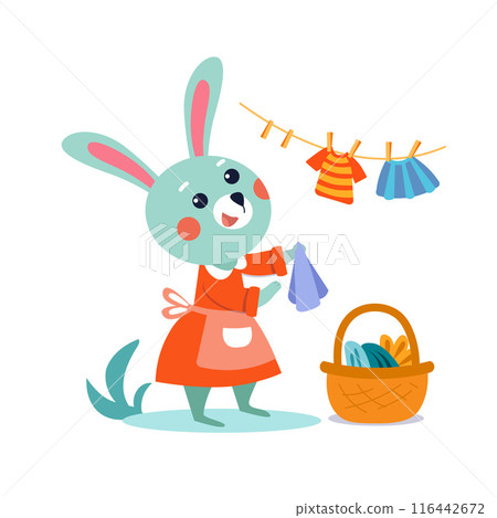 Cute stylised flat bunny rabbit mum hanging baby clothes. Cartoon isolated funny for design. Vector illustration. 116442672