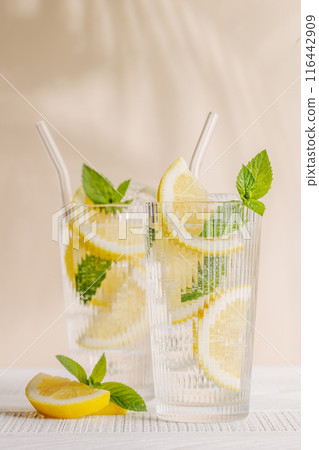 Fresh summer lemonade with lemon and mint Fresh summer lemonade with lemon and mint 116442909