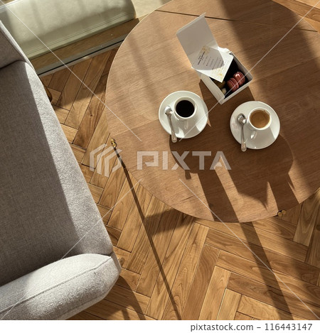 Coffee and sweets on the table Coffee and sweets on the table 116443147