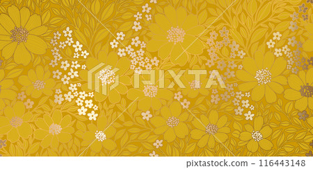 Bronze Metallic Foiled Contour Flowers and Leaves on Golden Yellow Background. Luxurious Art Deco Wallpaper Design for Print, Poster, Cover, Banner, Invitation, Package, Beauty Products. Bronze Metallic Foiled Contour Flowers and Leaves on Golden Yellow Background. Luxurious Art Deco Wallpaper Design for Print, Poster, Cover, Banner, Invitation, Package, Beauty Products. 116443148
