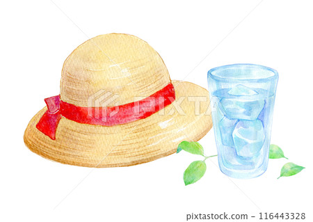 水彩插圖草帽和冷水 水彩插圖草帽和冷水 116443328