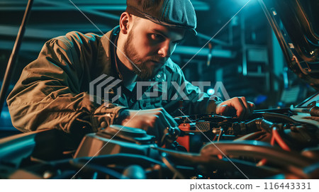 A car mechanic technician repairs a car in an auto repair shop, tools in hand and focused on the work. The concept of expertise, maintenance, and the essential role of mechanics in vehicle care. A car mechanic technician repairs a car in an auto repair shop, tools in hand and focused on the work. The concept of expertise, maintenance, and the essential role of mechanics in vehicle care. 116443331