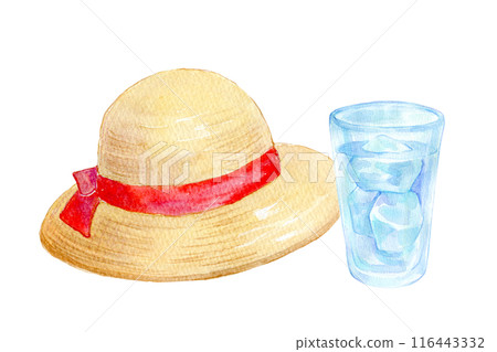水彩插圖草帽和冷水 水彩插圖草帽和冷水 116443332