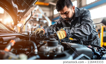 A car mechanic technician repairs a car in an auto repair shop, tools in hand and focused on the work. The concept of expertise, maintenance, and the essential role of mechanics in vehicle care. A car mechanic technician repairs a car in an auto repair shop, tools in hand and focused on the work. The concept of expertise, maintenance, and the essential role of mechanics in vehicle care. 116443333