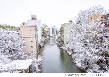 Snowy Iizaka Onsen: One of Japan's most famous hot springs in terms of both history and size. The history of Iizaka lives on since the time of Yamato Takeru. Shintotsunabashi Bridge 116443406