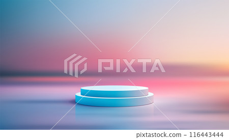 3D Blue Circular Podium with Pink and Blue Gradient Twilight Sky Background, Nature Concept for Product Display, Mockup, Showcase 3D Blue Circular Podium with Pink and Blue Gradient Twilight Sky Background, Nature Concept for Product Display, Mockup, Showcase 116443444
