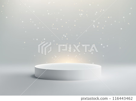 3D White Podium Illuminated by Spotlight on White Background for Modern Celebration Concept and Product Display 116443462
