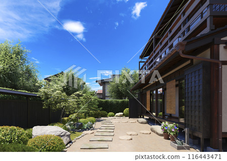 A summer garden bathed in strong sunlight and a wooden Japanese house / Summer vacation, returning home, rural home, Showa retro image 116443471