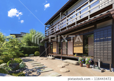夏日花園和日式木屋沐浴在強烈的陽光下/暑假,回家,鄉村家庭住宅,昭和復古形象 夏日花園和日式木屋沐浴在強烈的陽光下/暑假,回家,鄉村家庭住宅,昭和復古形象 116443472