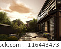 夏日花園和夕陽照耀的日式木屋/暑假，回家，鄉村家庭住宅，昭和復古形象 116443473