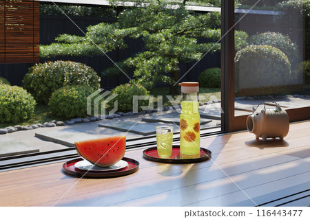 夏天，西瓜、冷茶和一隻驅蚊豬放在日本房子的門廊/暑假，回家，鄉村家庭，昭和復古形象 116443477