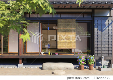 夏季日式房屋的陽台,清爽的早晨陽光照耀著/暑假,回家,鄉村家庭住宅,昭和復古形象 夏季日式房屋的陽台,清爽的早晨陽光照耀著/暑假,回家,鄉村家庭住宅,昭和復古形象 116443479