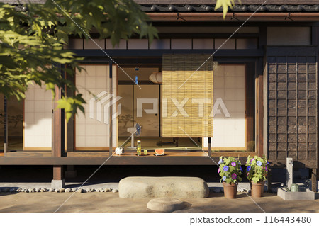 夏季日本房屋的陽台,夕陽照耀/暑假,回家,鄉村家庭住宅,昭和復古形象 夏季日本房屋的陽台,夕陽照耀/暑假,回家,鄉村家庭住宅,昭和復古形象 116443480