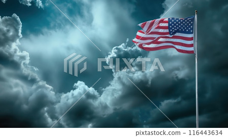 The USA flag on flagpole against the background of thunderclouds. Generative AI The USA flag on flagpole against the background of thunderclouds. Generative AI 116443634
