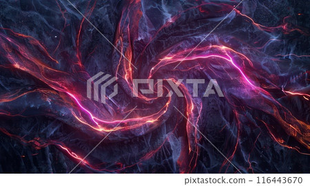 Dark grunge stone texture and purple orange glowing neon spiral abstract background. Generative AI 116443670