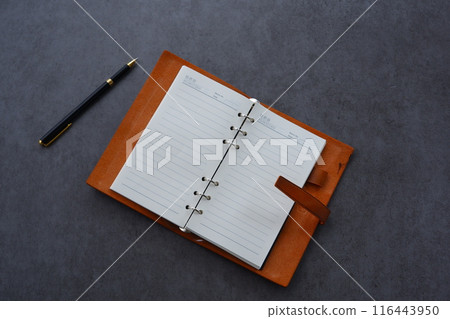 Image of a ring-type system organizer being opened and writing a diary 116443950
