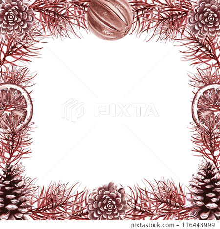 Square frame of pine branches, oranges, pine cones for Christmas watercolor illustration in vintage style on white background. Hand drawn illustration for Christmas cards, wreaths Square frame of pine branches, oranges, pine cones for Christmas watercolor illustration in vintage style on white background. Hand drawn illustration for Christmas cards, wreaths 116443999