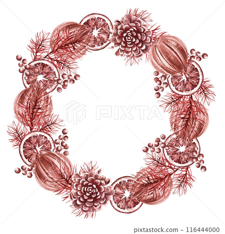 Round frame, wreath of pine branches, oranges, pine cones for Christmas watercolor illustration in vintage style on a white background. Hand drawn illustration for Christmas cards, wreaths 116444000