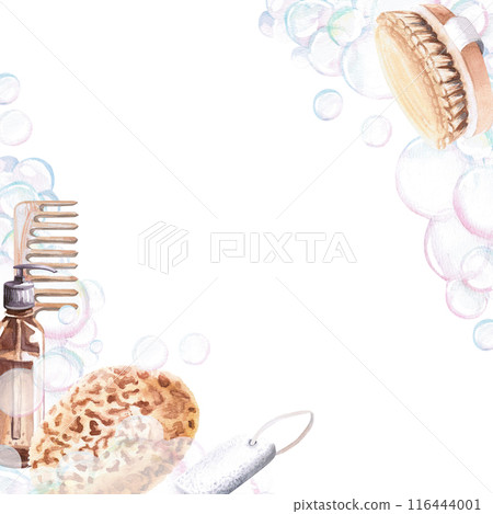 Frame with broom, a tub, , a dispenser, a washcloth in a watercolor illustration on a white background. Hand-drawn illustration, banner for advertising spa, baths, saunas, beauty salons, laundry 116444001