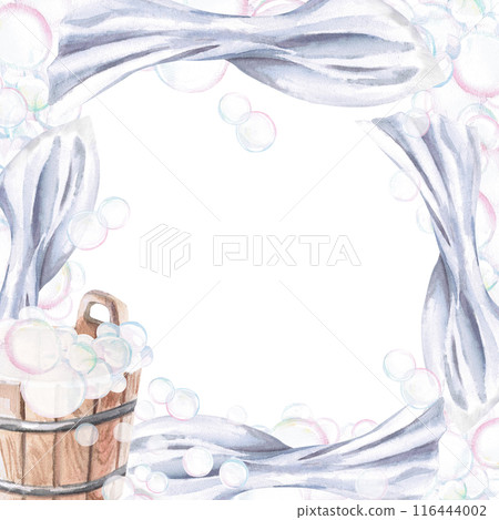 Wooden bucket with soap bubbles towel in watercolor illustration on a white background. Hand-drawn illustration of a set for advertising spa, hamam, Turkish bath, Finnish sauna, beauty salons. Wooden bucket with soap bubbles towel in watercolor illustration on a white background. Hand-drawn illustration of a set for advertising spa, hamam, Turkish bath, Finnish sauna, beauty salons. 116444002
