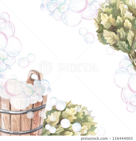 Wooden bucket with soap bubbles and oak broom in watercolor illustration on a white background. Hand-drawn illustration of a set for advertising spa, hamam, Turkish bath, Finnish sauna, beauty salons 116444003