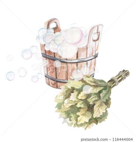 Wooden bucket with soap bubbles and oak broom in watercolor illustration on a white background. Hand-drawn illustration of a set for advertising spa, hamam, Turkish bath, Finnish sauna, beauty salons 116444004