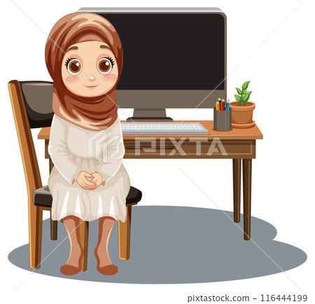 Girl Sitting by Computer Desk 116444199
