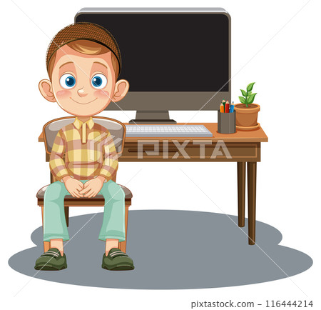 Boy Sitting by Computer Desk 116444214