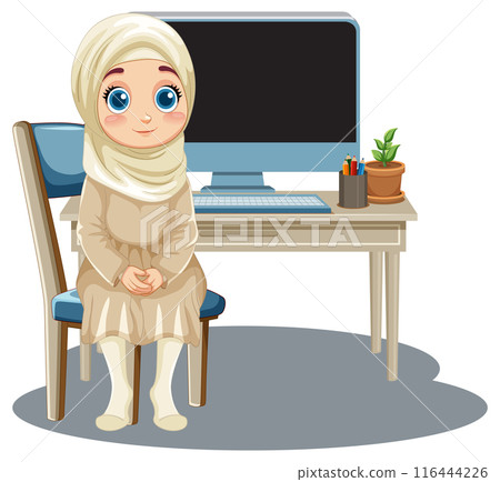 Girl Sitting by Computer Desk Girl Sitting by Computer Desk 116444226
