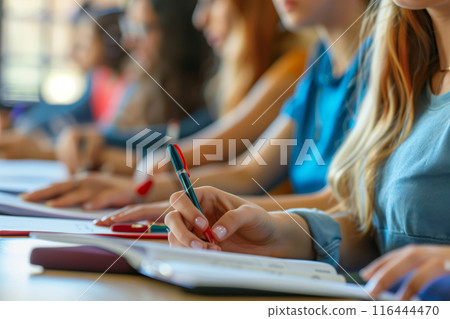 Student Taking Notes In A Classroom Setting Student Taking Notes In A Classroom Setting 116444470