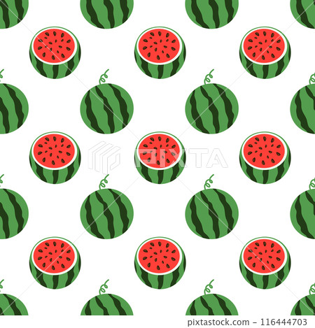 Whole and dissected Watermelon Vector Seamless Pattern. Food Background. Summer fruit wallpaper. Flat illustration. 116444703