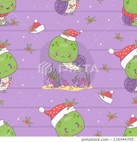 Seamless pattern with cute Christmas turtle in Santa hat on purple striped background with holly. New Year little cartoon kawaii animal character. Vector illustration. Kids collection. Seamless pattern with cute Christmas turtle in Santa hat on purple striped background with holly. New Year little cartoon kawaii animal character. Vector illustration. Kids collection. 116444705