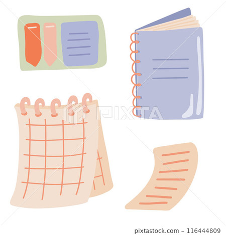 Notebook with Stickers, Tabs, and Paper set flat design Notebook with Stickers, Tabs, and Paper set flat design 116444809