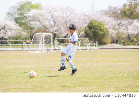 Elementary school boys playing soccer 116444816