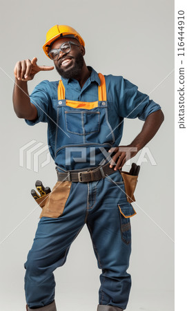 Smiling African American Repairman in Yellow Hard Hat Points at Something 116444910