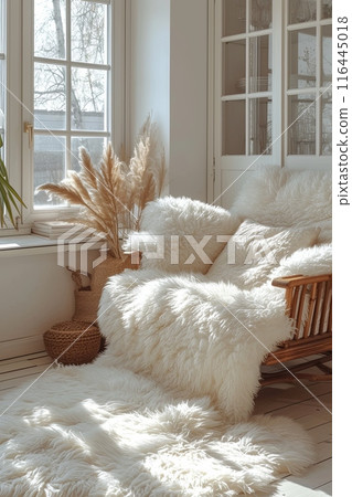 White couch with blanket and rug, potted plant in minimal living room 116445018