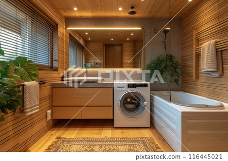 Modern bathroom with a white washer and dryer, a sink, and a bathtub. Room has a warm, cozy atmosphere with wooden accents and a potted plant 116445021