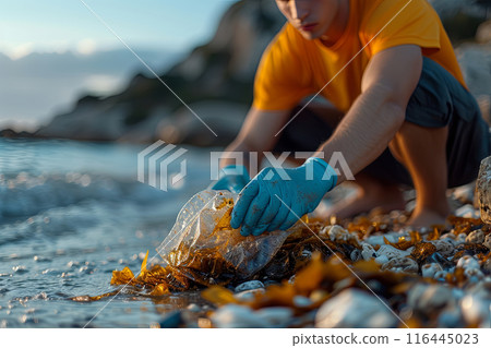Man is picking up trash on the beach. Sense of responsibility and care for the environment 116445023