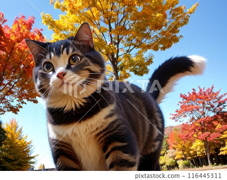 A cat looking up on a road lined with autumn leaves 116445311