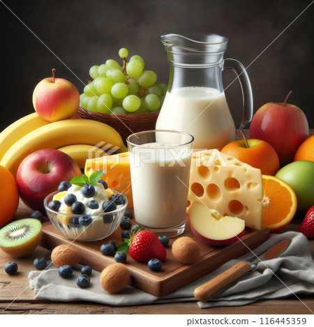 Breakfast with Fruit and Milk and Cheese 116445359