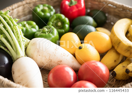 A large serving of fresh vegetables in a basket - Image of green and yellow vegetables and health A large serving of fresh vegetables in a basket - Image of green and yellow vegetables and health 116445433