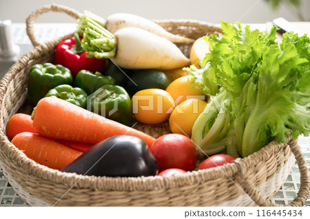 A large serving of fresh vegetables in a basket - Image of green and yellow vegetables and health 116445434