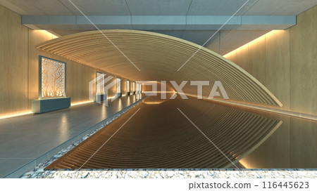 A corridor with delicately designed wooden lattices 116445623