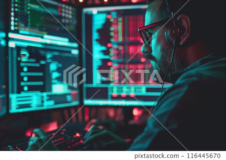 Server Technician Performing Diagnostic Tests on Rigs in a Data Center 116445670