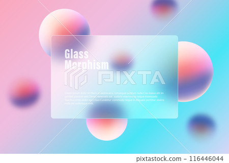 Glass morphism landing page with rectangular frame and blurry floating colored spheres. Glass morphism landing page with rectangular frame and blurry floating colored spheres. 116446044