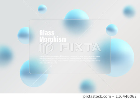 Website landing page template in glass morphism style. Frosted glass partition with floating blue spheres. Website landing page template in glass morphism style. Frosted glass partition with floating blue spheres. 116446062